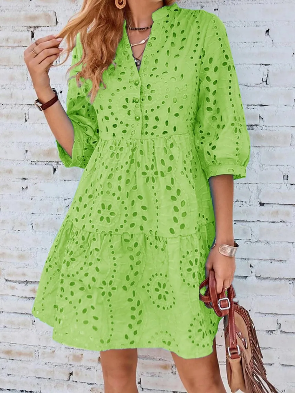 utcoco Women's 2025 Eyelet Lace Midi Dress V Neck Puff 3/4 Sleeve Button Tiered Sexy A Line Sun Dress