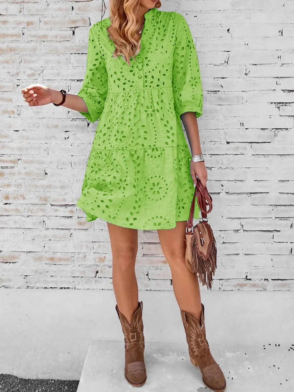 utcoco Women's 2025 Eyelet Lace Midi Dress V Neck Puff 3/4 Sleeve Button Tiered Sexy A Line Sun Dress