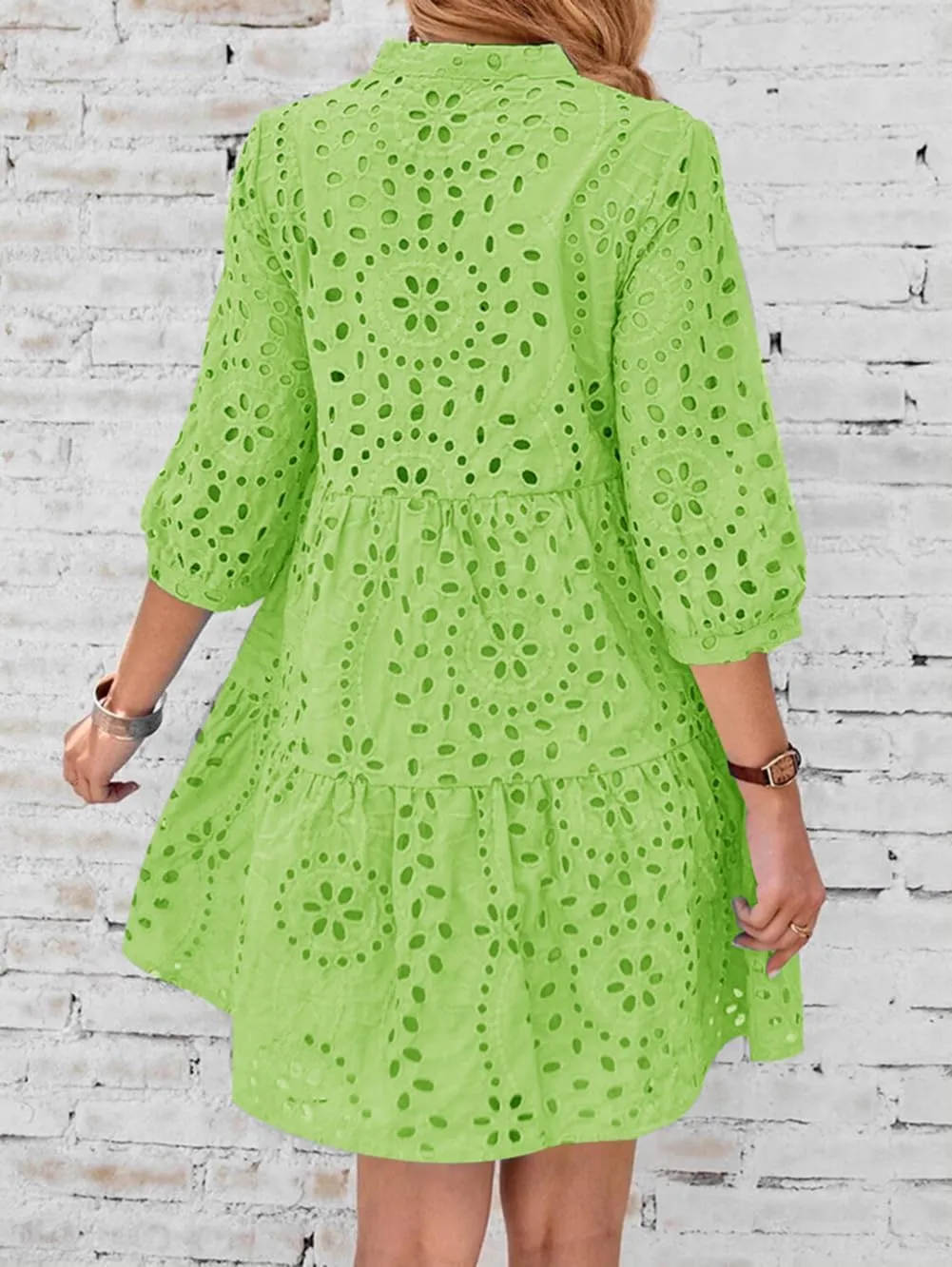 utcoco Women's 2025 Eyelet Lace Midi Dress V Neck Puff 3/4 Sleeve Button Tiered Sexy A Line Sun Dress