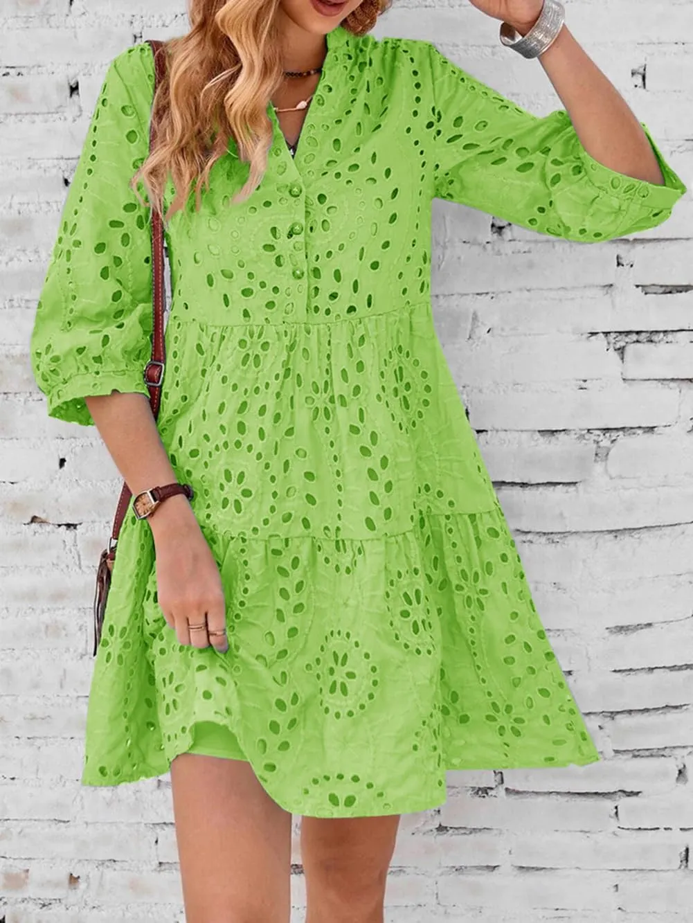 utcoco Women's 2025 Eyelet Lace Midi Dress V Neck Puff 3/4 Sleeve Button Tiered Sexy A Line Sun Dress