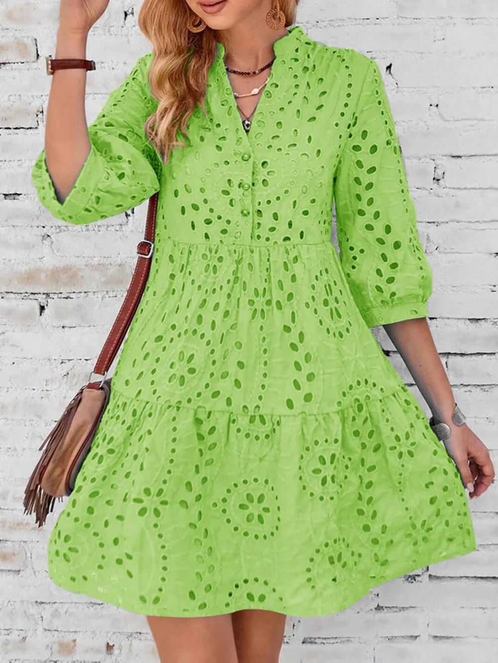 utcoco Women's 2025 Eyelet Lace Midi Dress V Neck Puff 3/4 Sleeve Button Tiered Sexy A Line Sun Dress