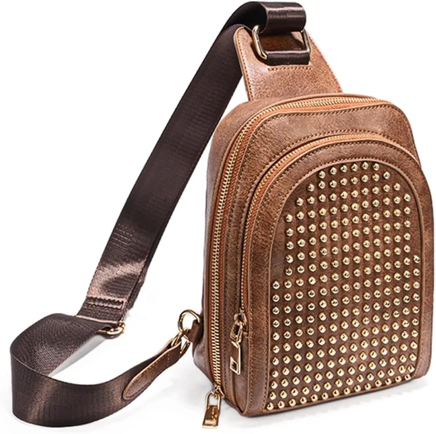 UTO Cross Body Bag for Women Rivet Studded Trendy Purse Chest Belt Sling Bag with Adjustable Shoulder Straps