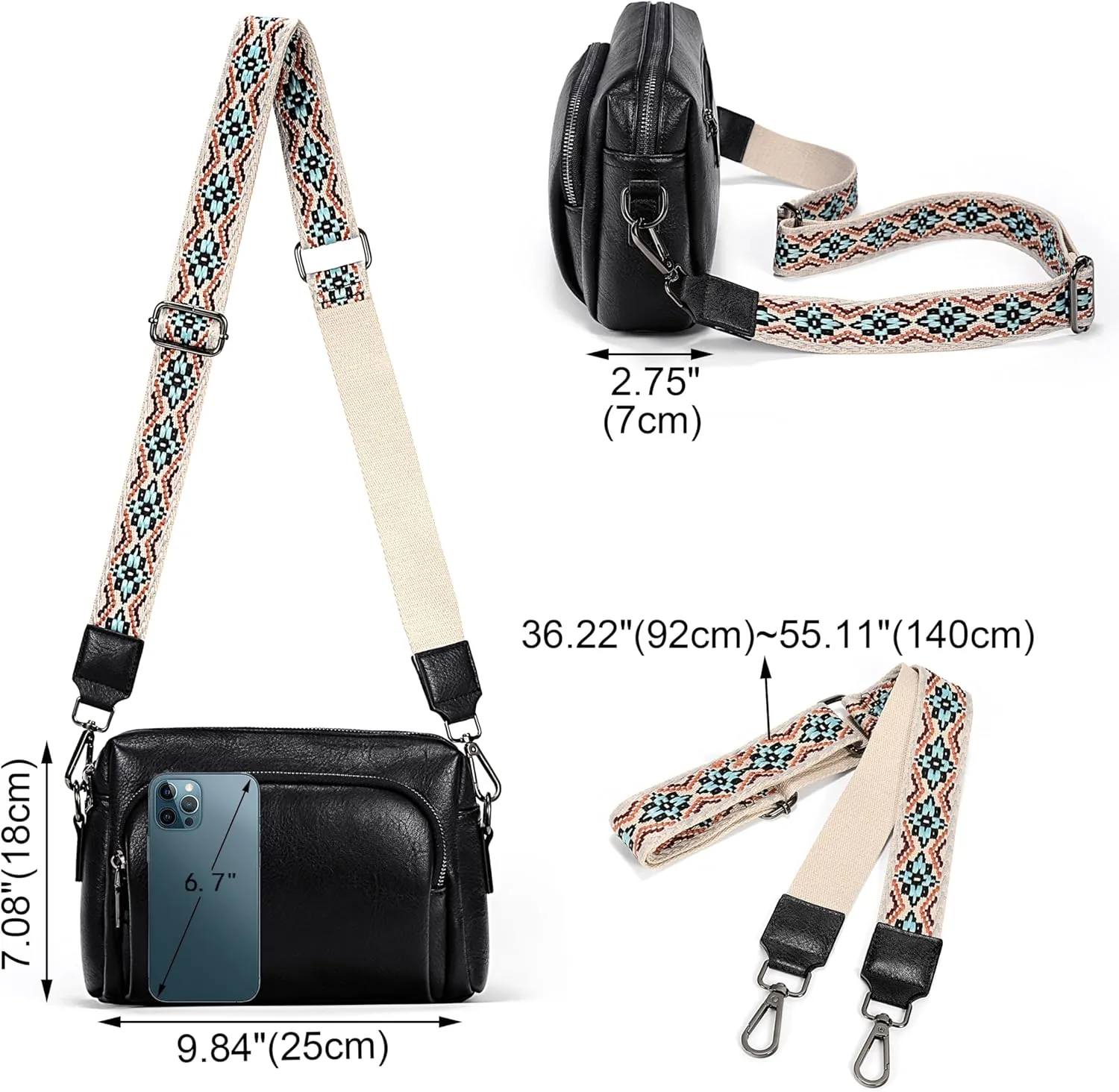 UTO Crossbody Bags for Women Triple Zipper Purse Leather Handbag with Colored Adjustable Wide Shoulder Strap