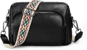 UTO Crossbody Bags for Women Triple Zipper Purse Leather Handbag with Colored Adjustable Wide Shoulder Strap