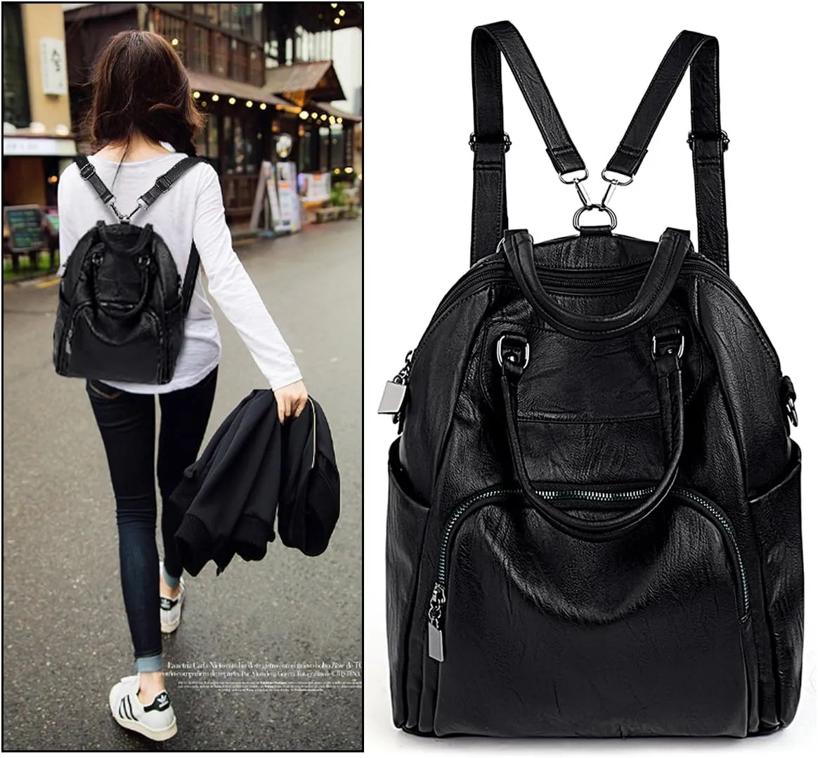 UTO Women Backpack Purse PU Washed Leather Convertible Ladies Rucksack Crossbody Shoulder Bag New Black