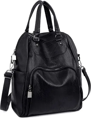 UTO Women Backpack Purse PU Washed Leather Convertible Ladies Rucksack Crossbody Shoulder Bag New Black