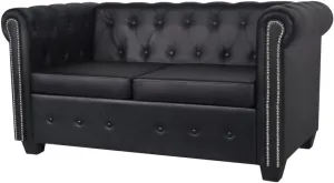 vidaXL Chesterfield 2-Seater Sofa in Artificial Leather - Elegant Black Couch with Tufted Stud Detailing - Perfect for Living Room or Office