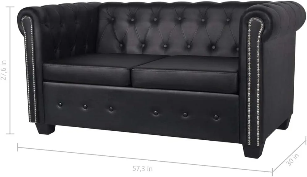 vidaXL Chesterfield 2-Seater Sofa in Artificial Leather - Elegant Black Couch with Tufted Stud Detailing - Perfect for Living Room or Office