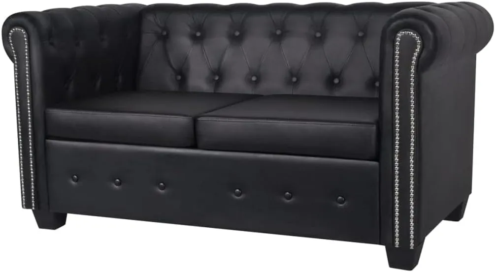 vidaXL Chesterfield 2-Seater Sofa in Artificial Leather - Elegant Black Couch with Tufted Stud Detailing - Perfect for Living Room or Office