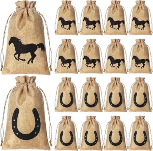 Vincreem 16 Pieces Western Horse Party Favor 6 x 10 inch Horse Party Bags with Drawstring Reusable Horsehead and Horseshoe Pattern Treat Goodie Candy Gift Bags for Cowboy Birthday Party Decor