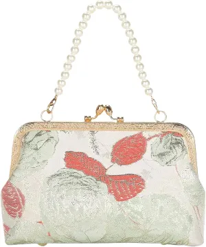 Vintage Embroidered Flower Handbag, Pearl Chain Crossbody Bag with Kiss Lock, for Women