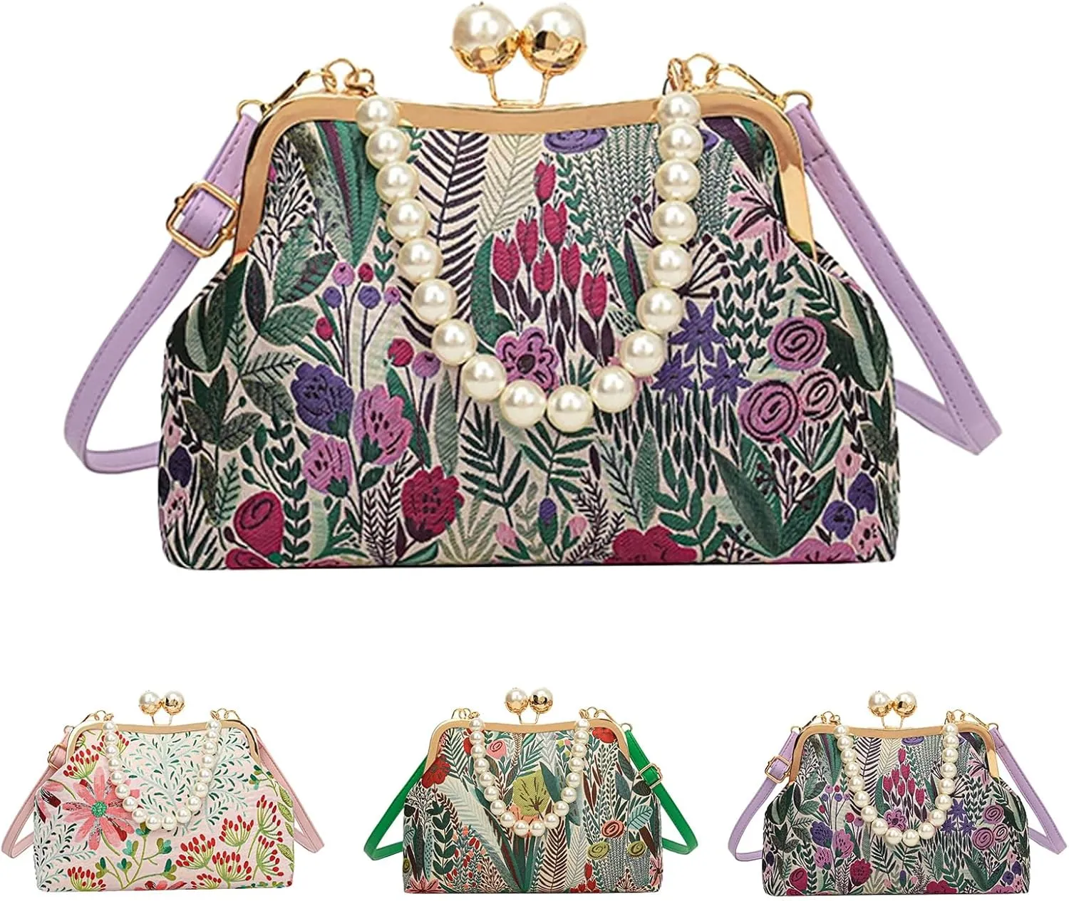 Vintage Embroidered Flower Handbag, Pearl Crossbody Bag With Kiss Lock, Flower Embroidery Rustic Shoulder Bag for Women