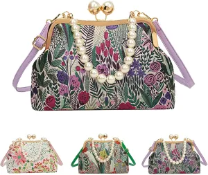 Vintage Embroidered Flower Handbag, Pearl Crossbody Bag With Kiss Lock, Flower Embroidery Rustic Shoulder Bag for Women