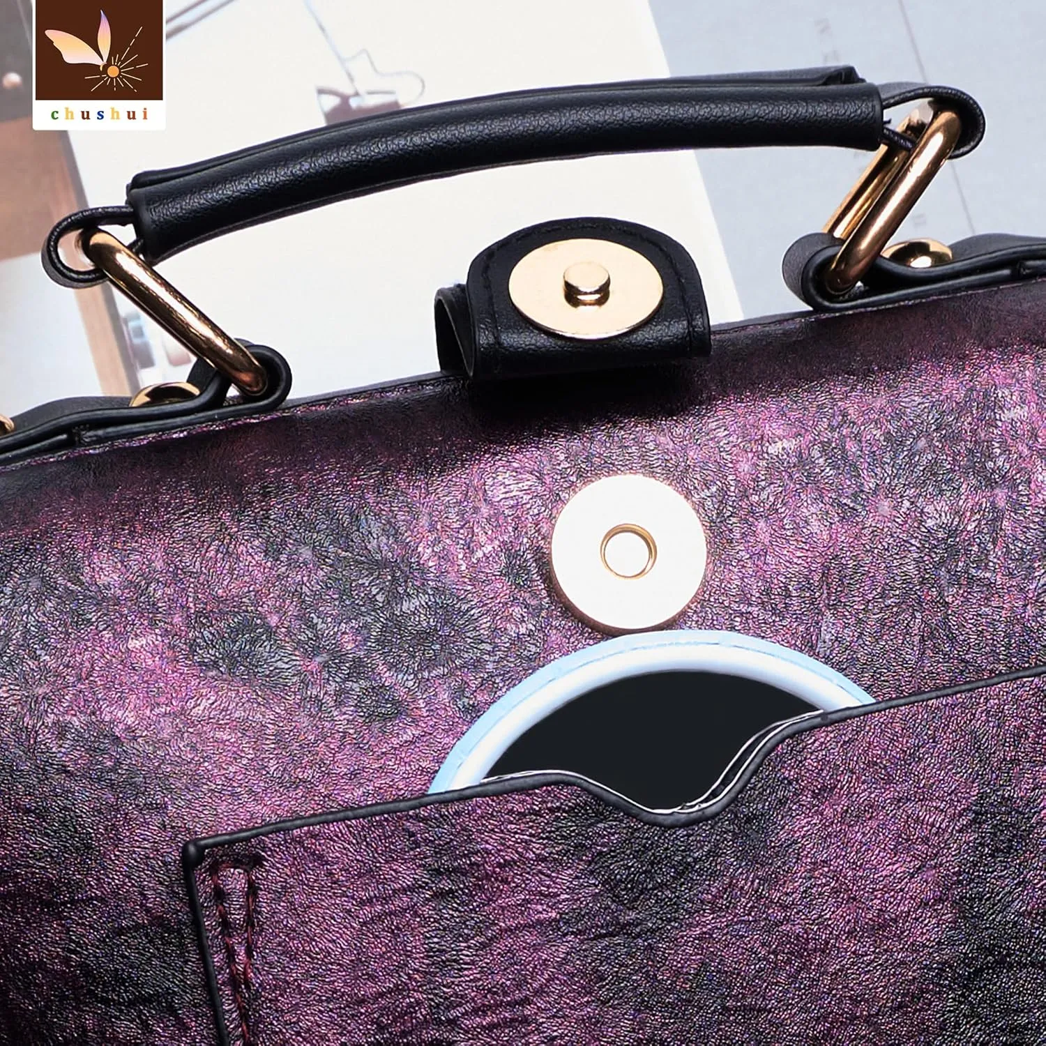 Vintage Thai Elephant Embroidery Crossbody Bag,Top Handle Purse for Women,Leather Handbag with Adjustable Strap