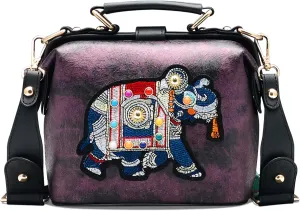 Vintage Thai Elephant Embroidery Crossbody Bag,Top Handle Purse for Women,Leather Handbag with Adjustable Strap