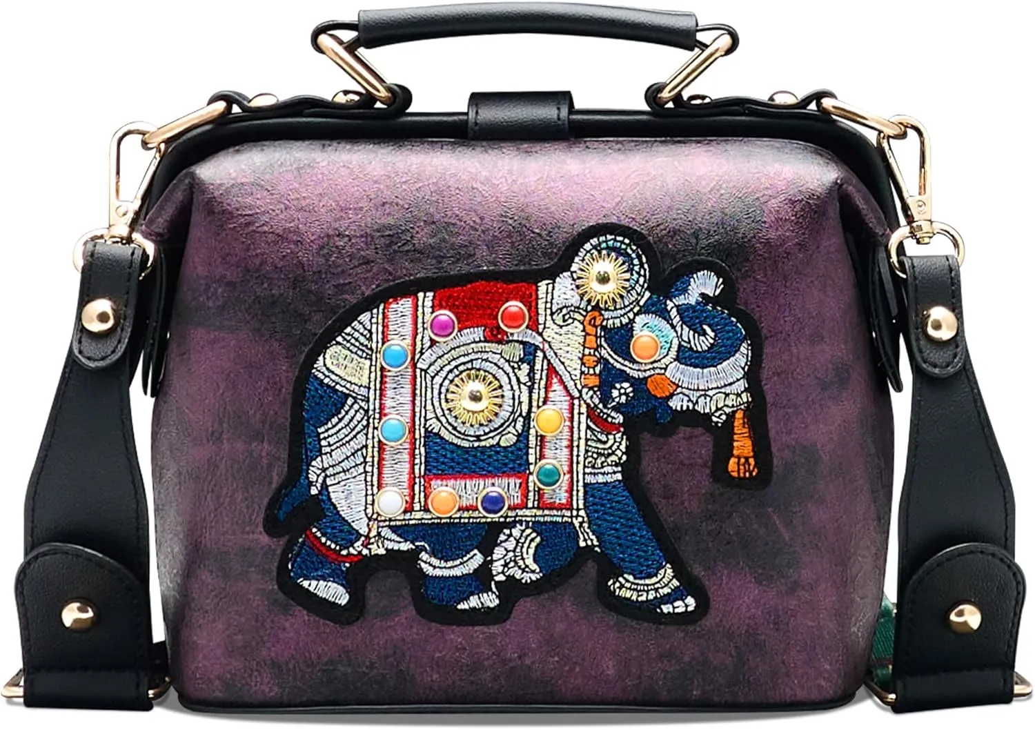 Vintage Thai Elephant Embroidery Crossbody Bag,Top Handle Purse for Women,Leather Handbag with Adjustable Strap