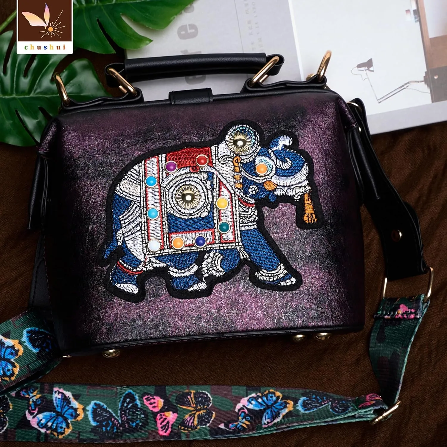 Vintage Thai Elephant Embroidery Crossbody Bag,Top Handle Purse for Women,Leather Handbag with Adjustable Strap
