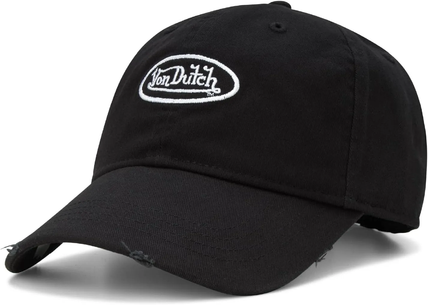 Von Dutch Men's and Women's Classic Cap - Retro Vintage Cotton Curved Brim Hat, Black Distressed with Patched