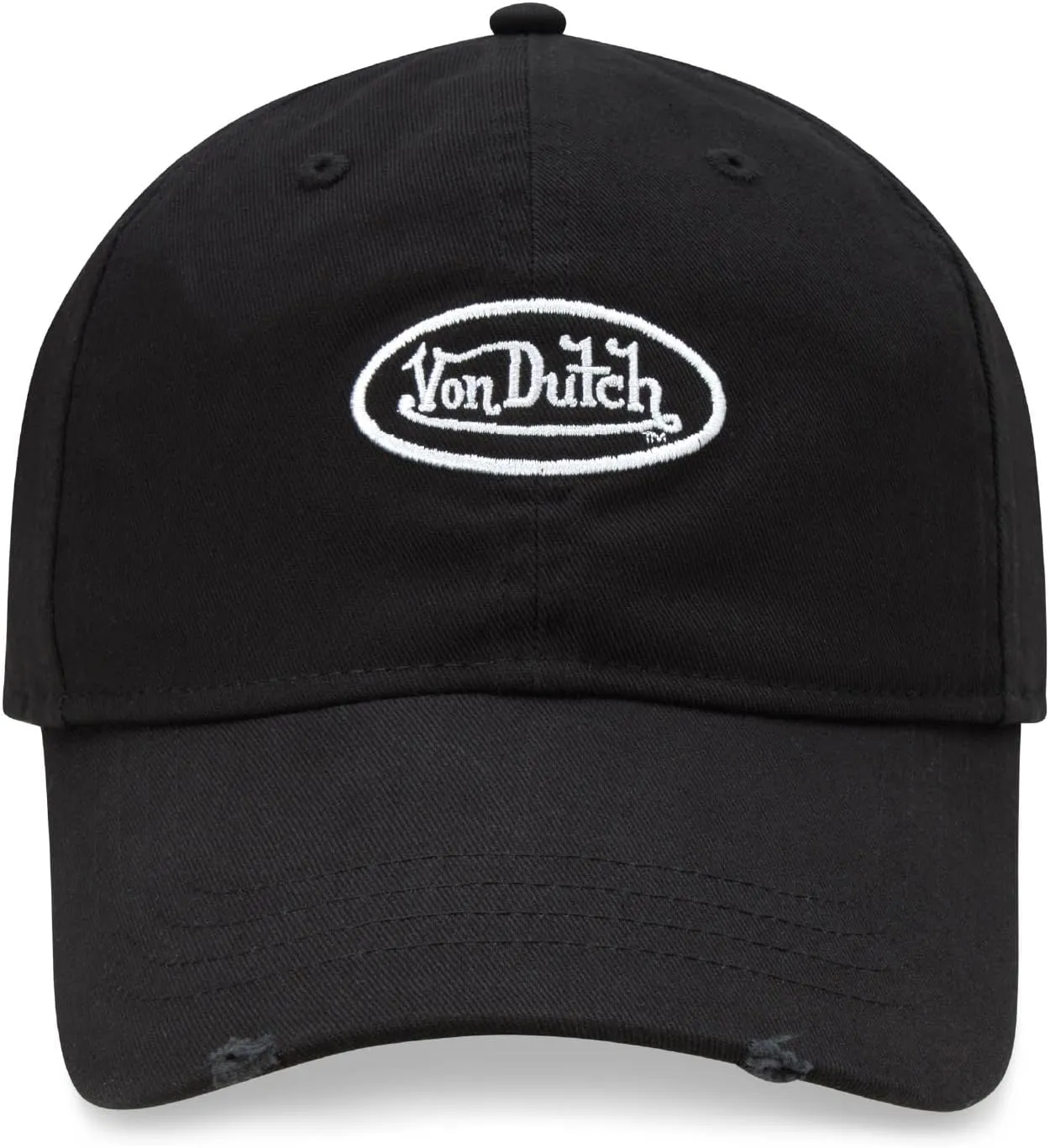 Von Dutch Men's and Women's Classic Cap - Retro Vintage Cotton Curved Brim Hat, Black Distressed with Patched