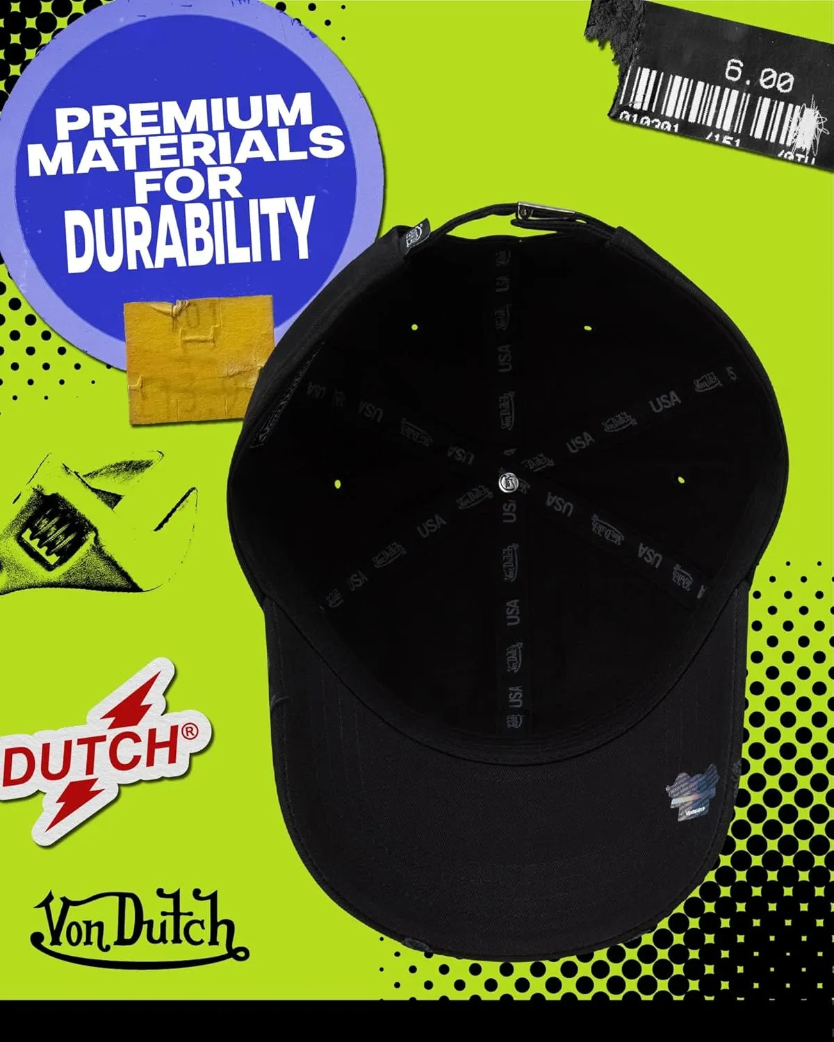 Von Dutch Men's and Women's Classic Cap - Retro Vintage Cotton Curved Brim Hat, Black Distressed with Patched