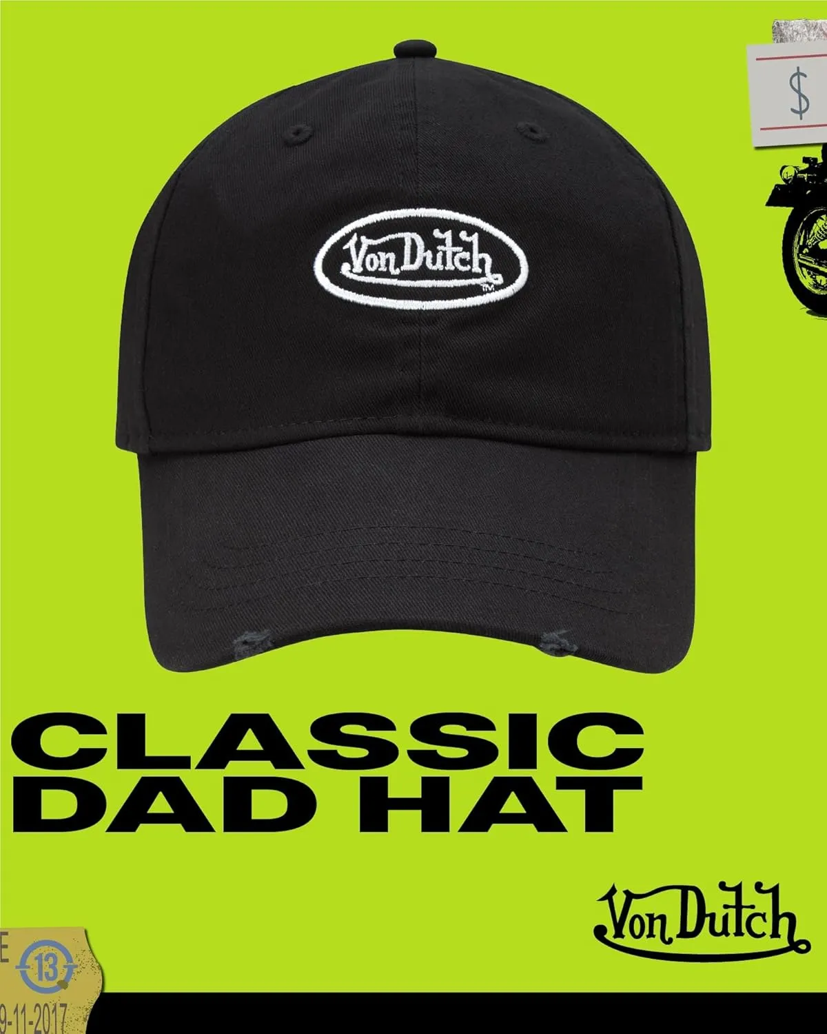 Von Dutch Men's and Women's Classic Cap - Retro Vintage Cotton Curved Brim Hat, Black Distressed with Patched