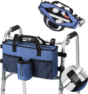 Walker Accessories for Folding Walker with Cup Holder,Pocket, Organizer Carry Storage Pouch Bag Buckle (Blue)