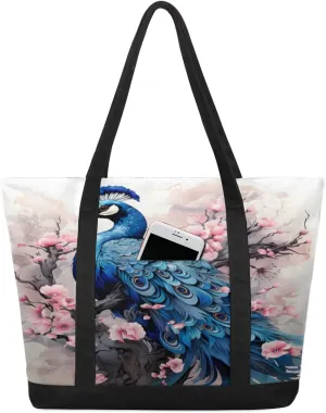 Watercolor Blue Wildflower Canvas Tote Bag Casual Shoulder Handbag Large Shopping Bags With 5 Pocket