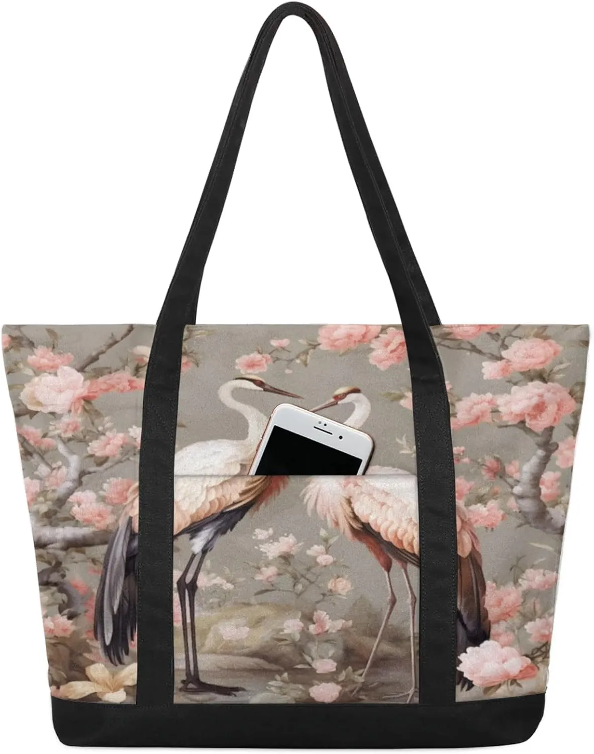 Watercolor Blue Wildflower Canvas Tote Bag Casual Shoulder Handbag Large Shopping Bags With 5 Pocket