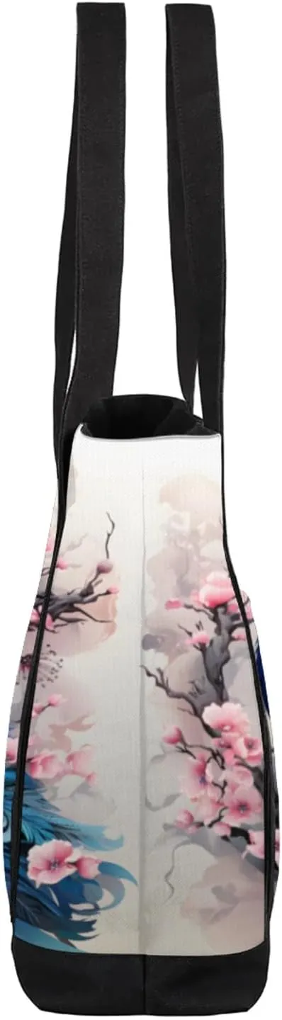 Watercolor Blue Wildflower Canvas Tote Bag Casual Shoulder Handbag Large Shopping Bags With 5 Pocket