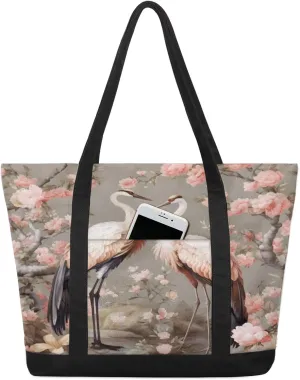 Watercolor Blue Wildflower Canvas Tote Bag Casual Shoulder Handbag Large Shopping Bags With 5 Pocket