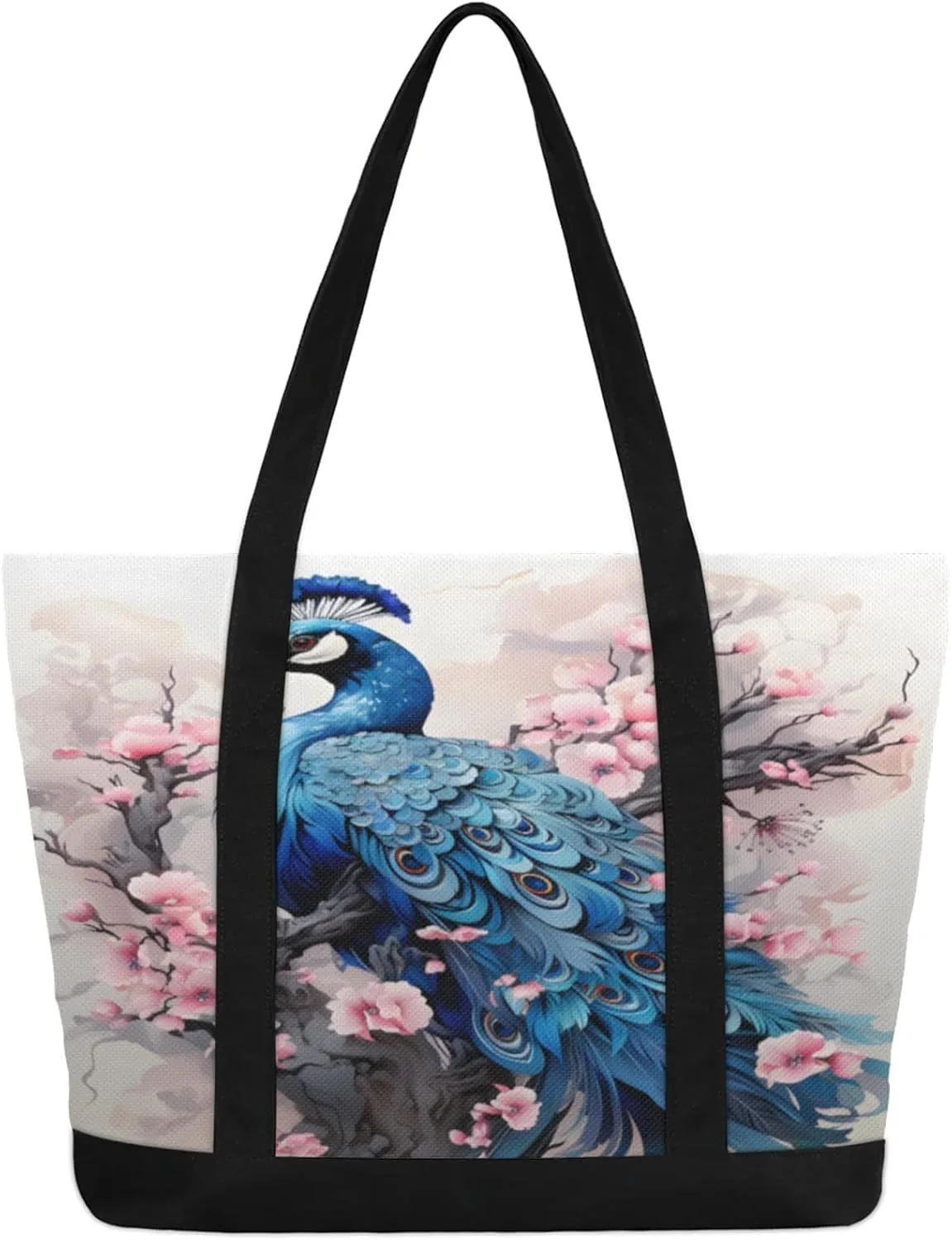 Watercolor Blue Wildflower Canvas Tote Bag Casual Shoulder Handbag Large Shopping Bags With 5 Pocket