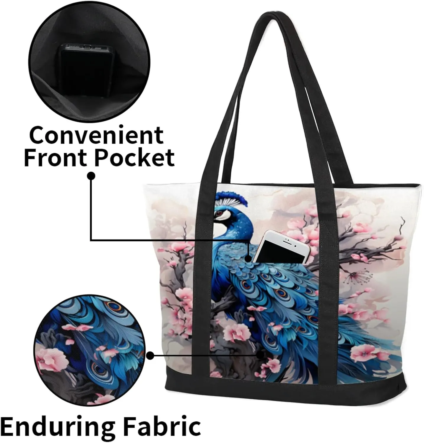 Watercolor Blue Wildflower Canvas Tote Bag Casual Shoulder Handbag Large Shopping Bags With 5 Pocket