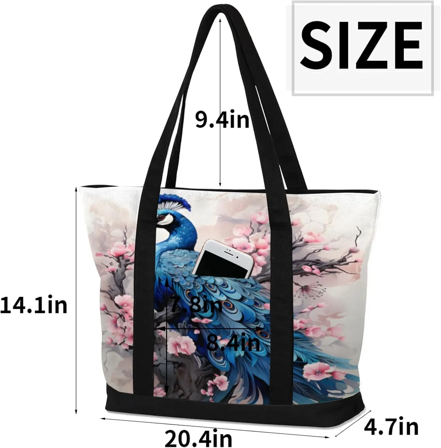 Watercolor Blue Wildflower Canvas Tote Bag Casual Shoulder Handbag Large Shopping Bags With 5 Pocket