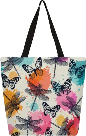 Watercolor Dragonfly Butterfly Silhouettes Large Capacity Canvas Tote Bag Stylish Handheld Shoulder Bag Reusable Shopping Bag for Work Travel Beach Trips Shopping