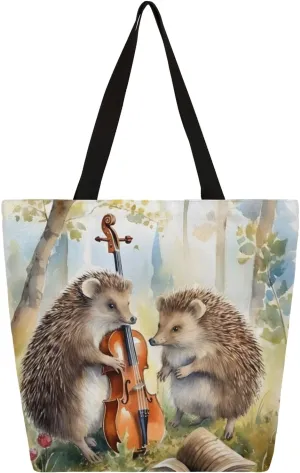 Watercolor Hedgehogs Guitar Large Capacity Canvas Tote Bag Stylish Handheld Shoulder Bag Reusable Shopping Bag for Work Travel Beach Trips Shopping