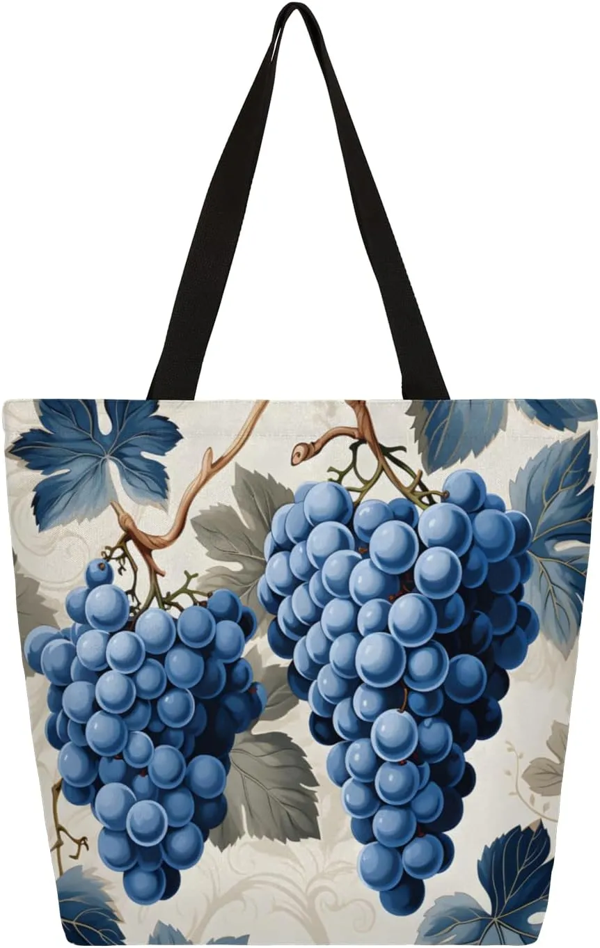 Watercolour Beautiful Grapes Large Capacity Canvas Tote Bag Stylish Handheld Shoulder Bag Reusable Shopping Bag for Work Travel Beach Trips Shopping