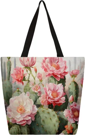 Watercolour Cactus Flower Large Capacity Canvas Tote Bag Stylish Handheld Shoulder Bag Reusable Shopping Bag for Work Travel Beach Trips Shopping