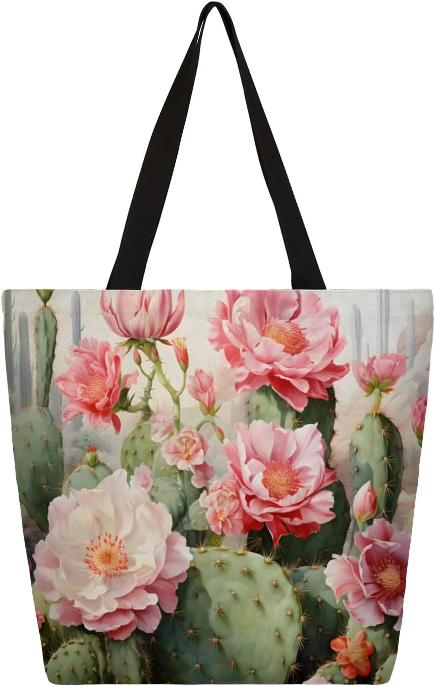 Watercolour Cactus Flower Large Capacity Canvas Tote Bag Stylish Handheld Shoulder Bag Reusable Shopping Bag for Work Travel Beach Trips Shopping