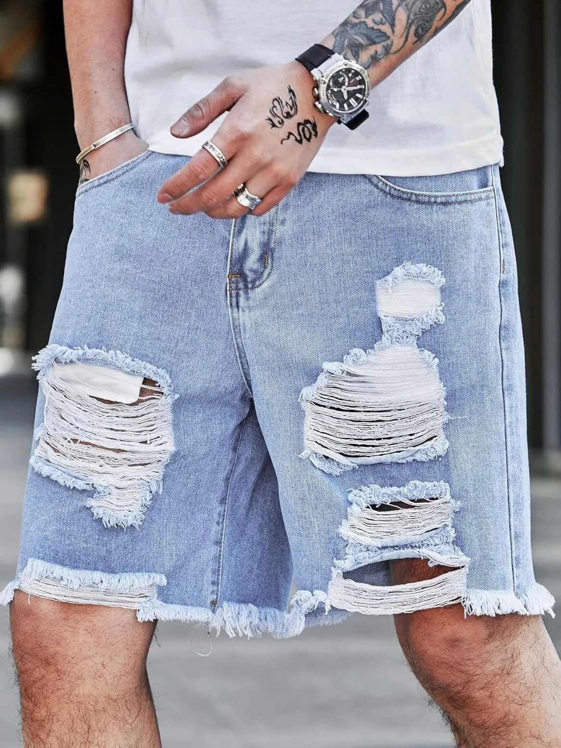 WDIRARA Men's Ripped Denim Shorts Straight Leg Raw Hem Frayed Distressed Jean Shorts Pants
