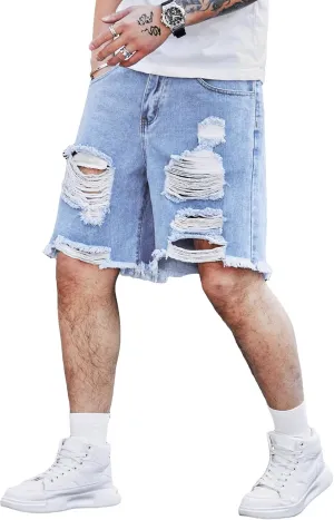 WDIRARA Men's Ripped Denim Shorts Straight Leg Raw Hem Frayed Distressed Jean Shorts Pants