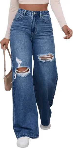 WDIRARA Women's High Waist Ripped Wide Leg Baggy Jeans Distressed Denim Pants