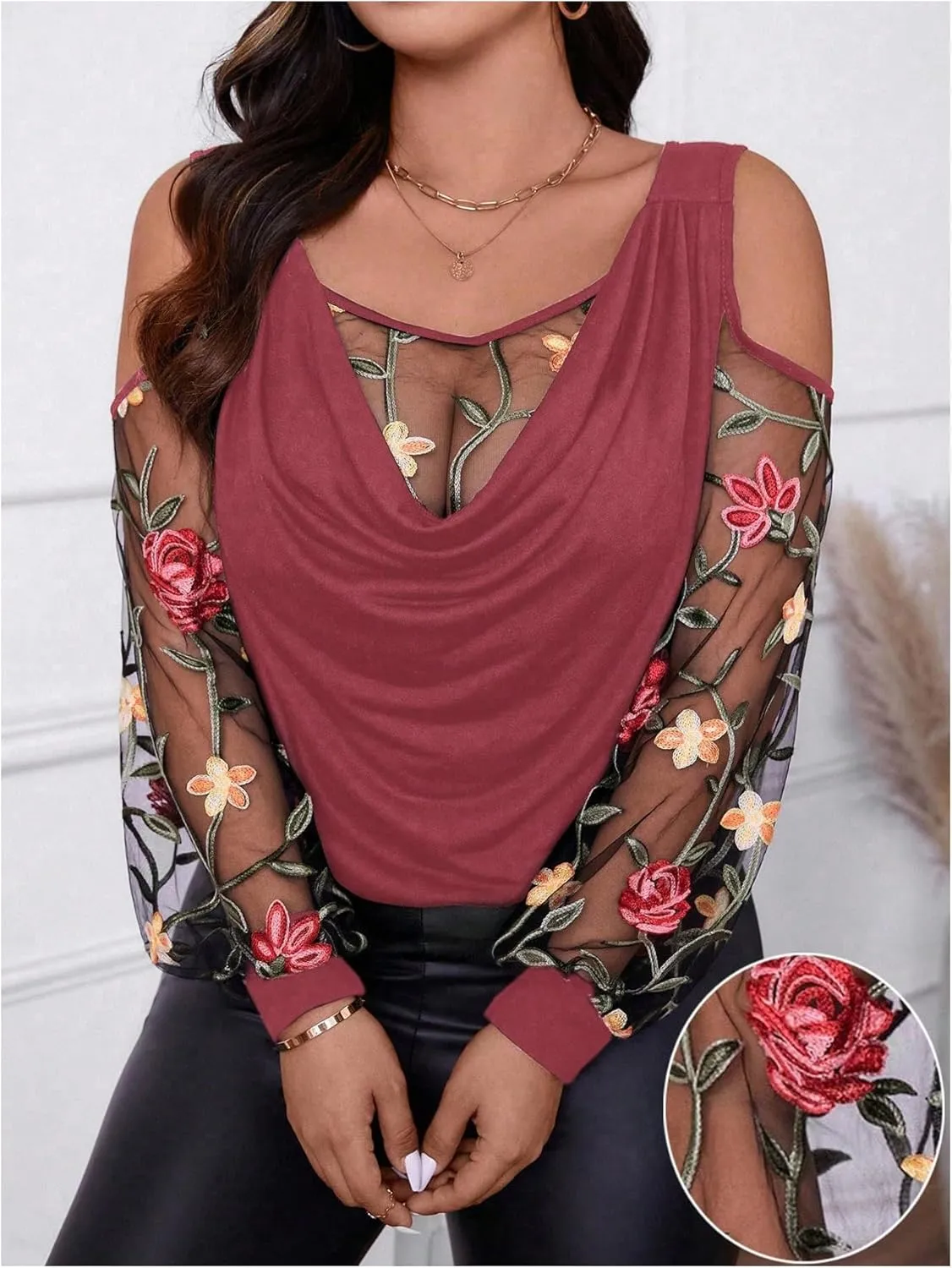 WDIRARA Women's Plus Size Floral Embroidered Tees Sheer Mesh T Shirt Cold Shoulder Long Sleeve Tops
