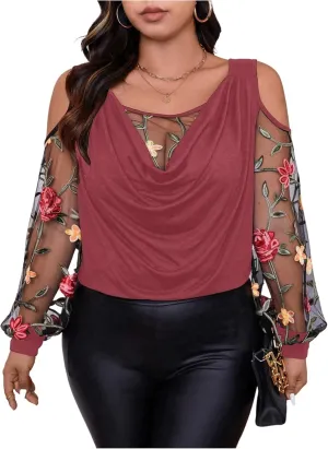 WDIRARA Women's Plus Size Floral Embroidered Tees Sheer Mesh T Shirt Cold Shoulder Long Sleeve Tops