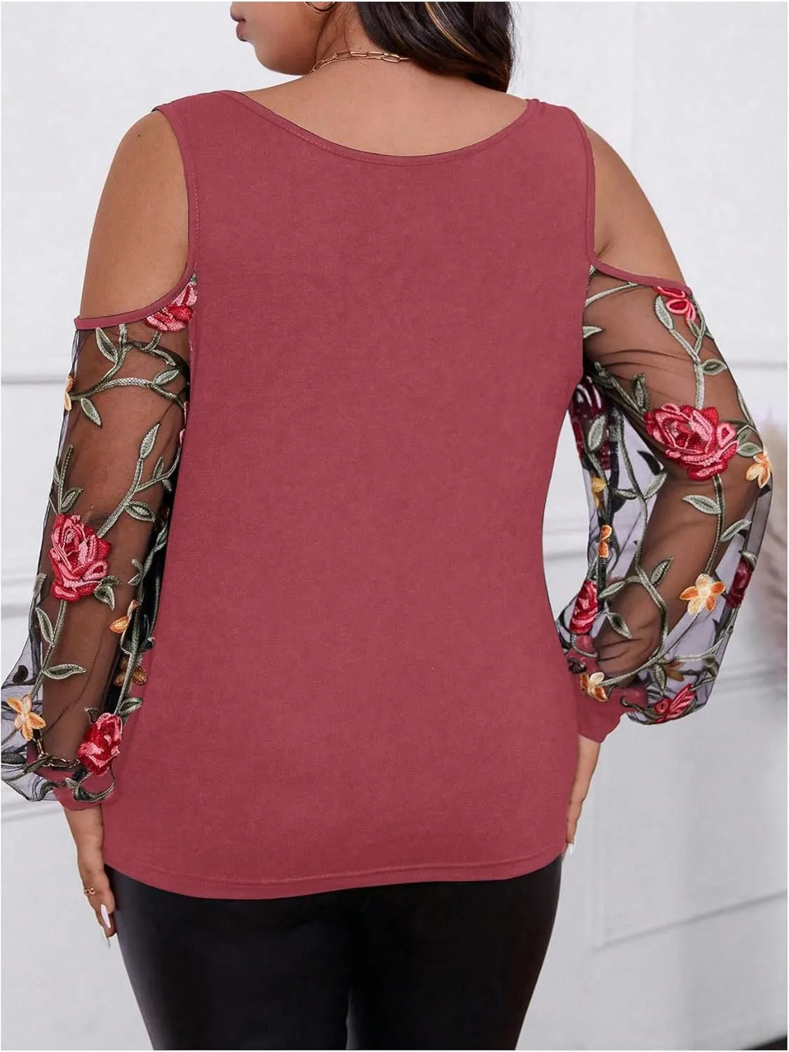 WDIRARA Women's Plus Size Floral Embroidered Tees Sheer Mesh T Shirt Cold Shoulder Long Sleeve Tops