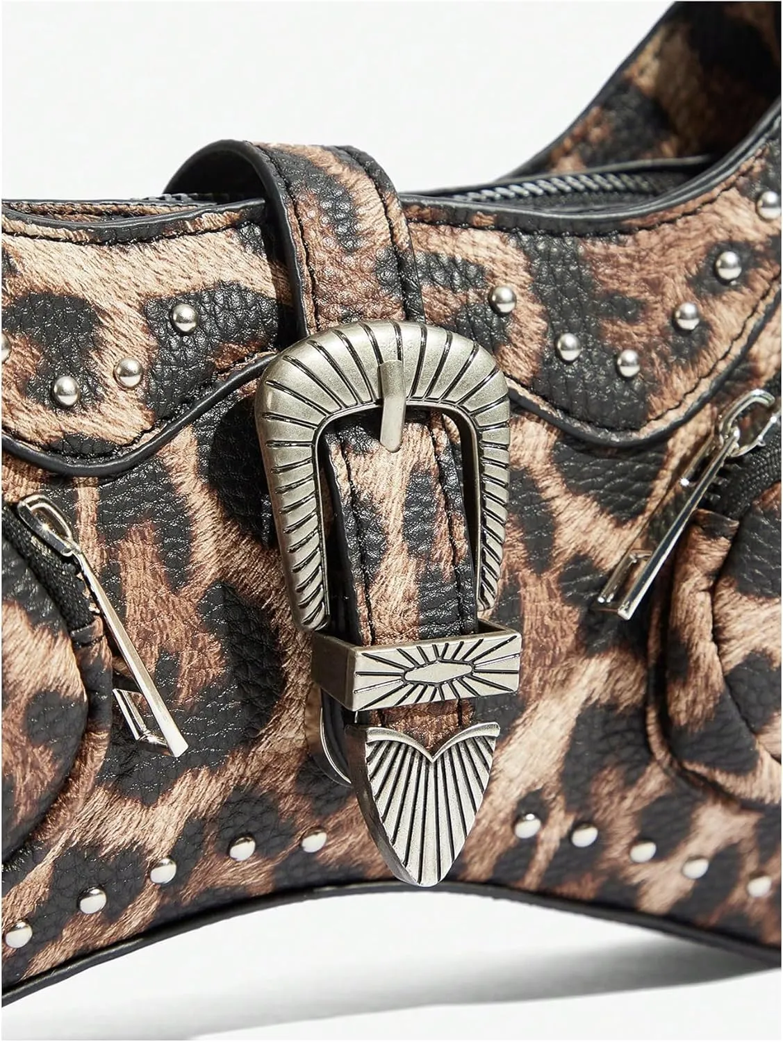 WDIRARA Women's Studded Detail Underarm Bag Buckle Decor Clutch Purse Flap Zipper Funky Shoulder Handbag