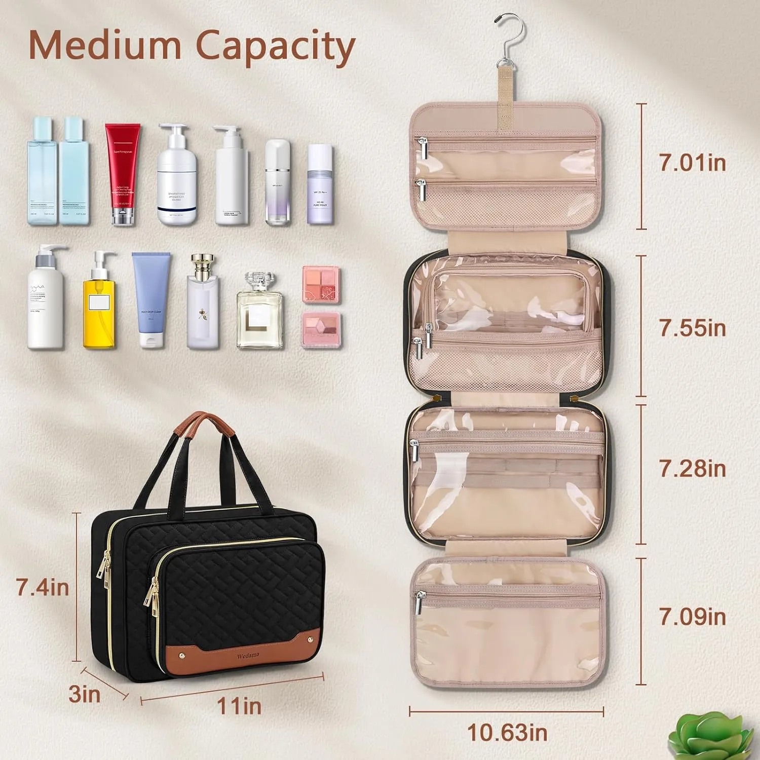Wedama Toiletry Bag for Women, Hanging Travel Toiletry Bag with Jewelry Organizer Compartment Medium Makeup Bag, PVC Waterproof Cosmetic Travel Bag Trips Camping Bathroom, Black Brown