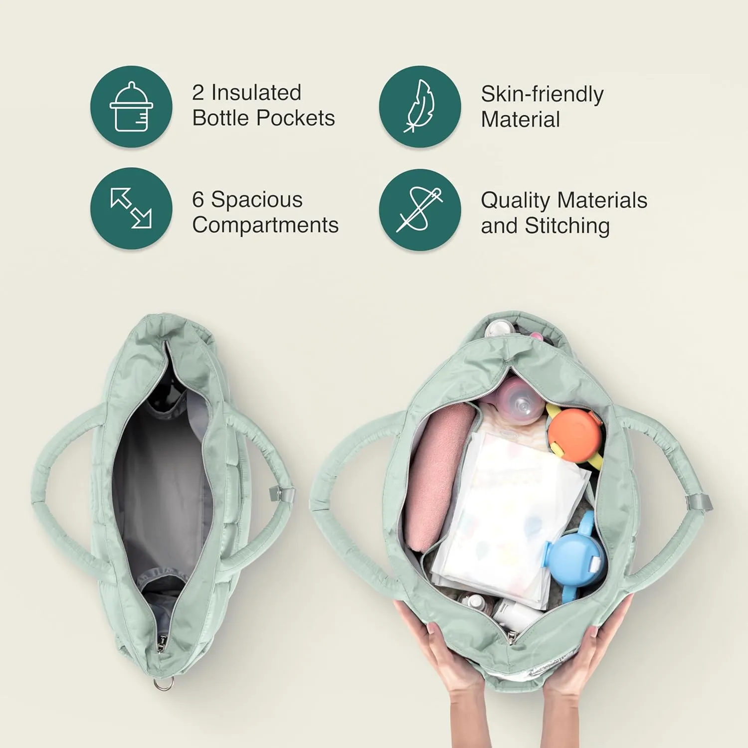 WelaVila Diaper Bag, Puffer Style Messenger Baby Bag, Chic Baby Essentials Travel Bag with Changing Pad & Insulated Pockets, Multifunction Diaper Tote – Mint