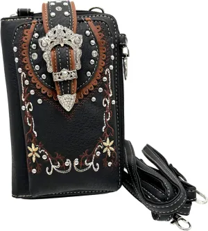 Western Buckle Floral Embroidered Women Crossbody Phone Wallet