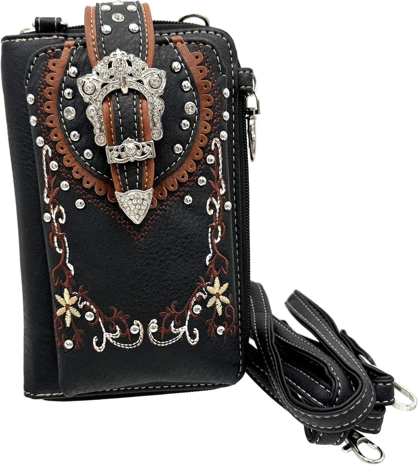 Western Buckle Floral Embroidered Women Crossbody Phone Wallet