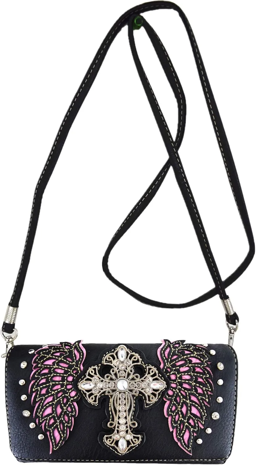 Western Style Rhinestone Cross Studded Laser Cut Wings Tooled Leather Purse Women Handbags Country Shoulder Bag Wallet Set